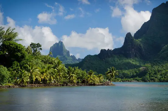 Les pitons volcaniques de la baie de Cook à Moorea depuis le lagon
